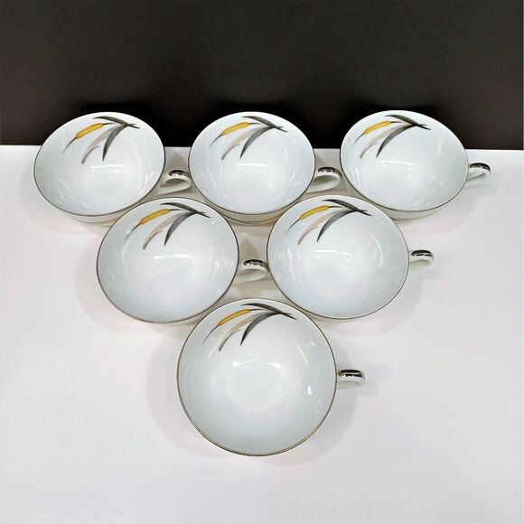 Set/6 Sango Del Mar Coffee Cups Teacups yellow cattails platinum trim MCM - Picture 3 of 4